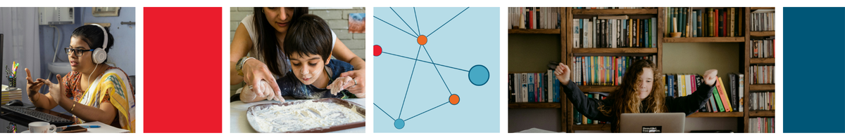 A banner depicting people with disability - a woman talking in an online meeting with her headphones on, a woman supporting a young boy to make cookies and a girl in a study at a laptop.