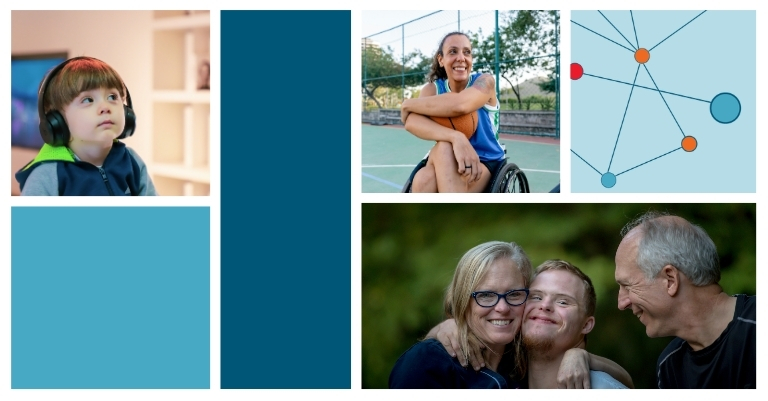 A collage of images representing disability and inclusion. From top left: a young boy wearing headphones seated indoors; a solid teal rectangle; a smiling woman in a wheelchair holding a basketball on an outdoor court; a network diagram with coloured nodes connected by lines; a solid light blue rectangle; and a warmly smiling family group including a young man with Down syndrome embraced by two adults outdoors.