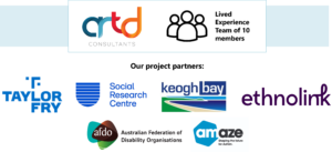 ARTD including our Lived Experience Team with 10 members Our project partners: Taylor Fry Social Research Centre Keogh Bay Ethnolink AFDO Amaze 