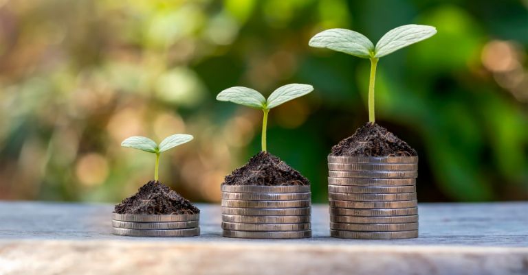 Three coin stacks with plantation growth on top.